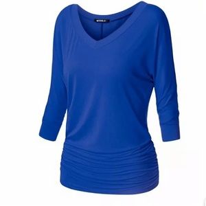 Doublju Royal Blue Side-Rouched V-Neck